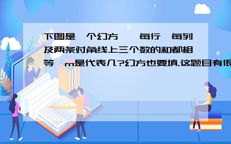 下图是一个幻方——每行、每列及两条对角线上三个数的和都相等,m是代表几?幻方也要填.这题目有很多解法,一种就够了.图片上不来，我讲一下。九宫格，3×3，第一横行第三个为12，第二横