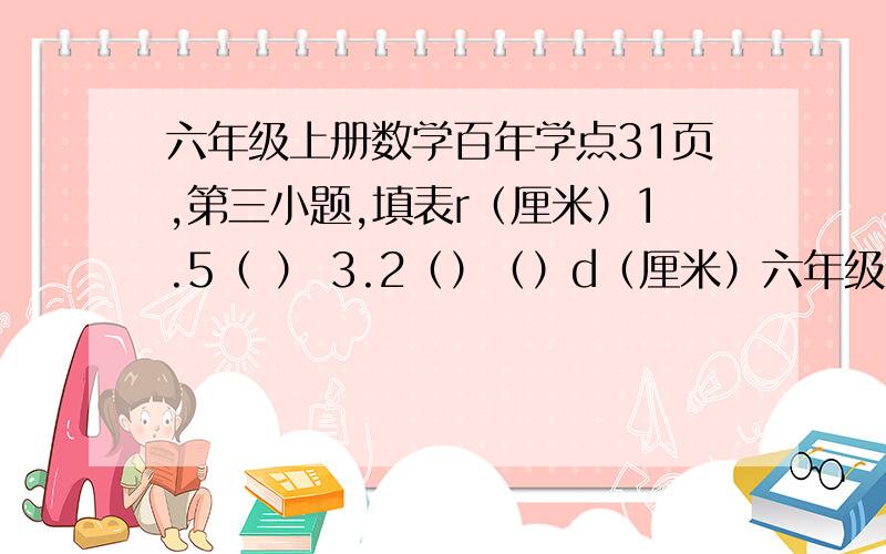 六年级上册数学百年学点31页,第三小题,填表r（厘米）1.5（ ） 3.2（）（）d（厘米）六年级上册数学百年学点31页,第三小题,填表r（厘米）1.5（ ） 3.2（）（）d（厘米）（）6（）8.4 11六年级