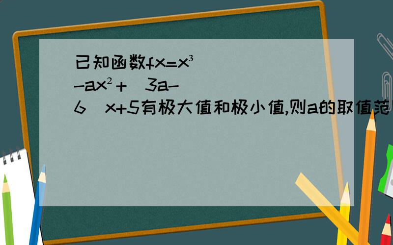 已知函数fx=x³-ax²+（3a-6）x+5有极大值和极小值,则a的取值范围是?