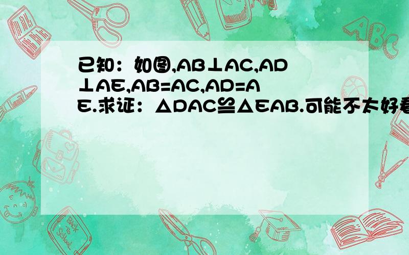 已知：如图,AB⊥AC,AD⊥AE,AB=AC,AD=AE.求证：△DAC≌△EAB.可能不太好看，