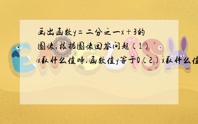 画出函数y=二分之一x+3的图像,根据图像回答问题（1）x取什么值时,函数值y等于0（2）x取什么值时,函数值y大于0（3）x取什么值时,函数值y小于0（4）不等式二分之一x的解集和函数y=二分之一x+3