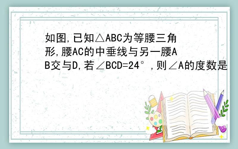 如图,已知△ABC为等腰三角形,腰AC的中垂线与另一腰AB交与D,若∠BCD=24°,则∠A的度数是