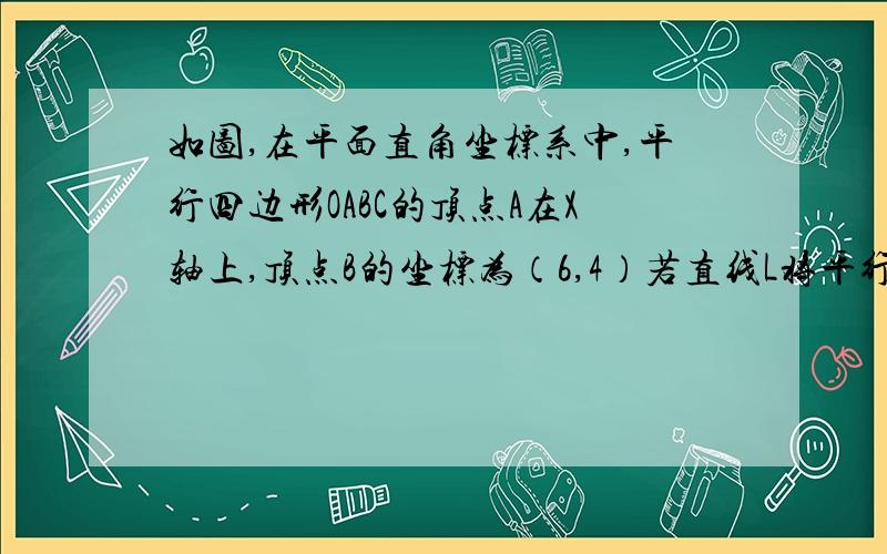 如图,在平面直角坐标系中,平行四边形OABC的顶点A在X轴上,顶点B的坐标为（6,4）若直线L将平行四边形OABC分割成面积相等的两部分,则直线L的函数解析式可能是?A.y=x+1  B.y=1/3x+1  C.y=3x-1  D.y=x-2