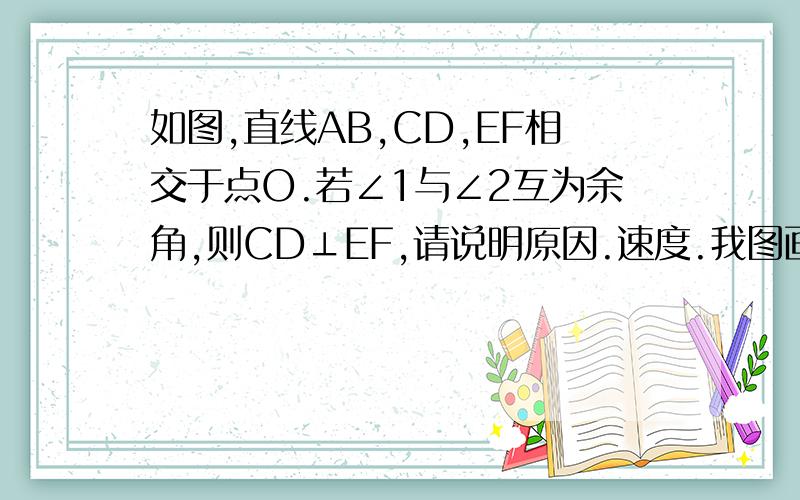 如图,直线AB,CD,EF相交于点O.若∠1与∠2互为余角,则CD⊥EF,请说明原因.速度.我图画的不好,线歪扭的.