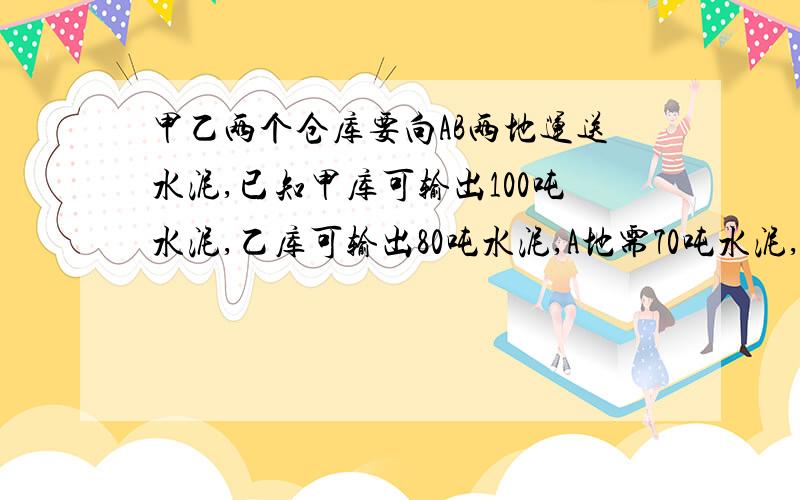 甲乙两个仓库要向AB两地运送水泥,已知甲库可输出100吨水泥,乙库可输出80吨水泥,A地需70吨水泥,B地需110吨水泥,两库到A,B两地的路程和运费如下表(表中运费栏元/吨千米表示每吨水泥运路程(千