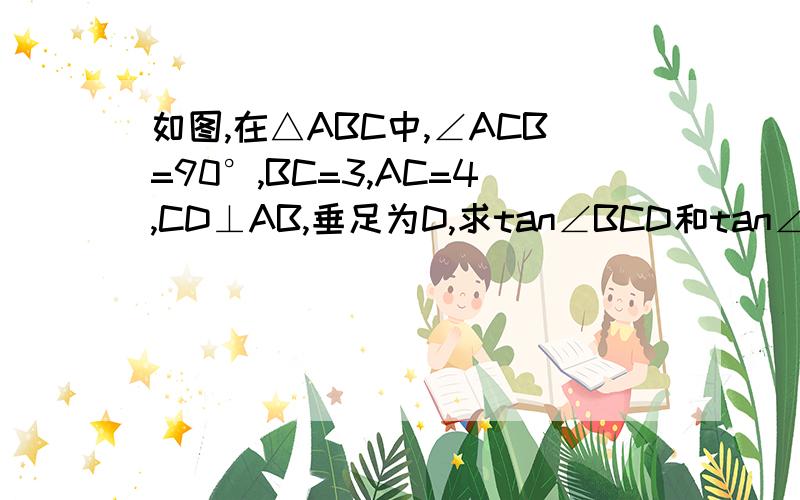 如图,在△ABC中,∠ACB=90°,BC=3,AC=4,CD⊥AB,垂足为D,求tan∠BCD和tan∠ACD