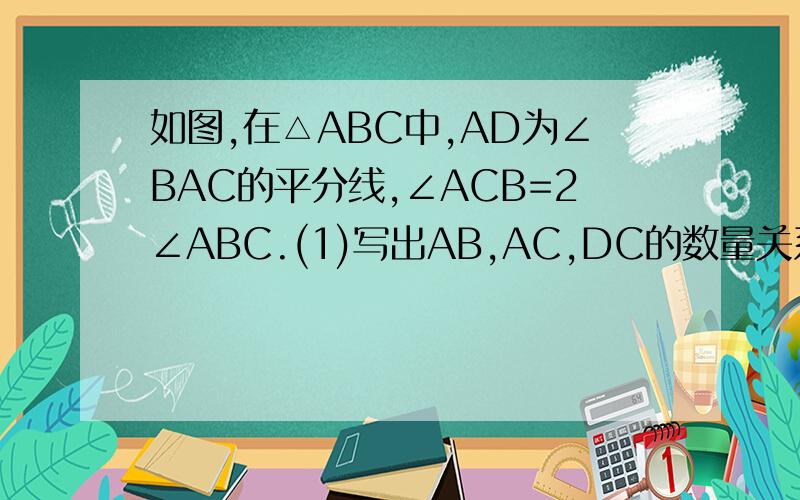 如图,在△ABC中,AD为∠BAC的平分线,∠ACB=2∠ABC.(1)写出AB,AC,DC的数量关系（2）若DC=4,S△ABC：S△ACD=3:2,求AB的长?（3）比较AB*CD与AC*BD的大小