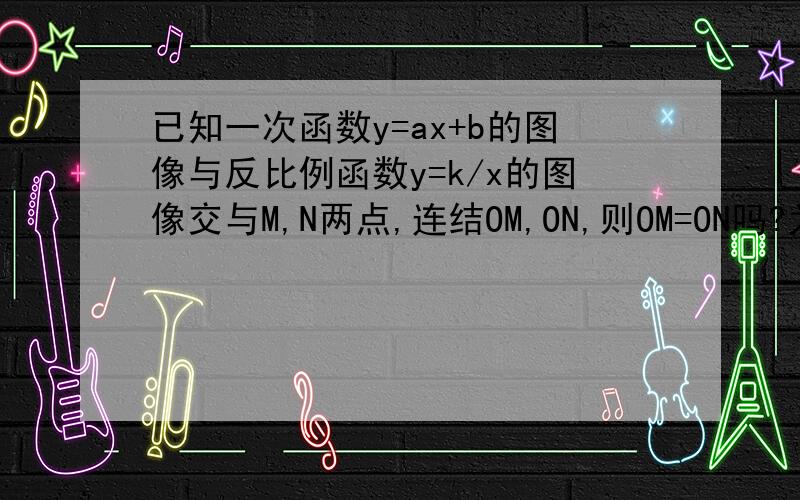 已知一次函数y=ax+b的图像与反比例函数y=k/x的图像交与M,N两点,连结OM,ON,则OM=ON吗?为什么?