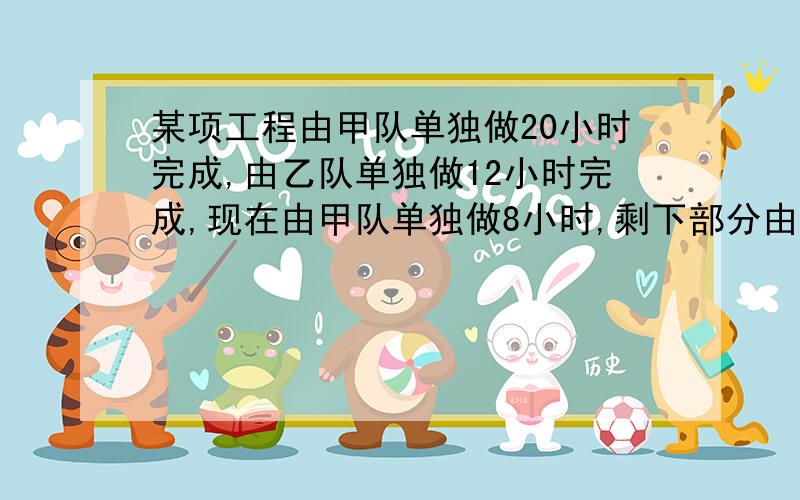 某项工程由甲队单独做20小时完成,由乙队单独做12小时完成,现在由甲队单独做8小时,剩下部分由甲,乙共同完成,则甲,乙共同完成多少小时才能把该项工程完成?要一元一次方程的,