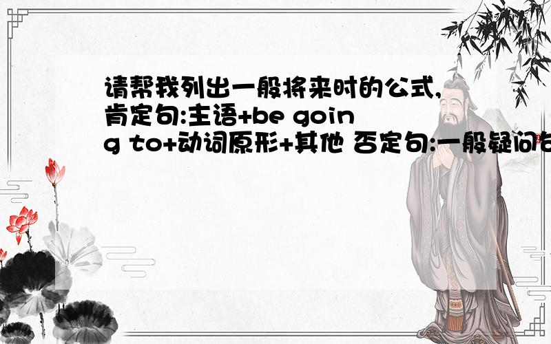 请帮我列出一般将来时的公式,肯定句:主语+be going to+动词原形+其他 否定句:一般疑问句:特殊疑问句:等等常用句型,都象肯定句那种形式列公式,