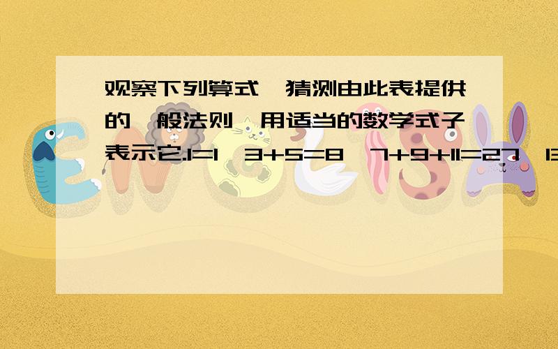 观察下列算式,猜测由此表提供的一般法则,用适当的数学式子表示它.1=1,3+5=8,7+9+11=27,13+15+17+19=64,21+23+25+27+29=125,则这个式子为_____________