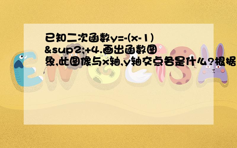 已知二次函数y=-(x-1)²+4.画出函数图象,此图像与x轴,y轴交点各是什么?根据图像,说出x取哪些值,函数函数值y=0,y＞0,y＜0?