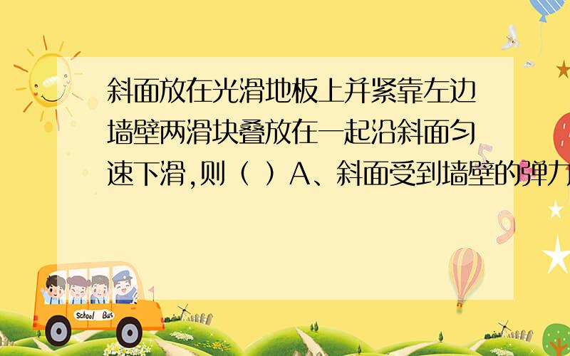 斜面放在光滑地板上并紧靠左边墙壁两滑块叠放在一起沿斜面匀速下滑,则（ ）A、斜面受到墙壁的弹力B、斜面受到滑块的摩擦力沿斜面向上C、斜面受到M滑块的压力D、M收到N的的摩擦力沿斜