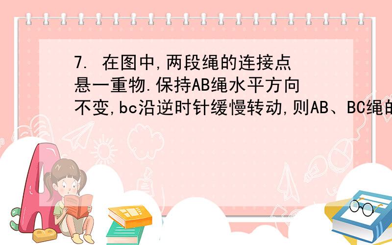 7. 在图中,两段绳的连接点悬一重物.保持AB绳水平方向不变,bc沿逆时针缓慢转动,则AB、BC绳的拉力大小变化是（    ）A.增大,增大B.减小,减小C.减小,先增大后减小D.减小,先减后增