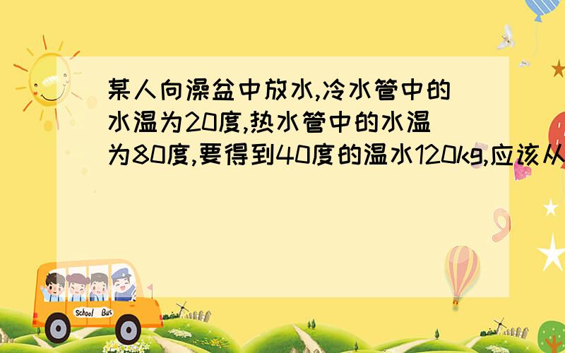 某人向澡盆中放水,冷水管中的水温为20度,热水管中的水温为80度,要得到40度的温水120kg,应该从两管中各方出多少水?