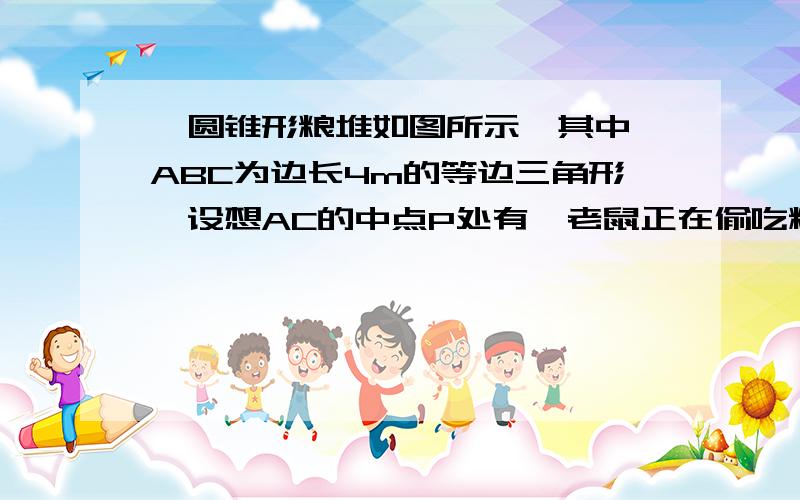 一圆锥形粮堆如图所示,其中△ABC为边长4m的等边三角形,设想AC的中点P处有一老鼠正在偷吃粮食,此时小猫正在B处,它要沿圆锥侧面到达P处捕捉老鼠,那么小猫所经过的最短路程是多少?（结果保