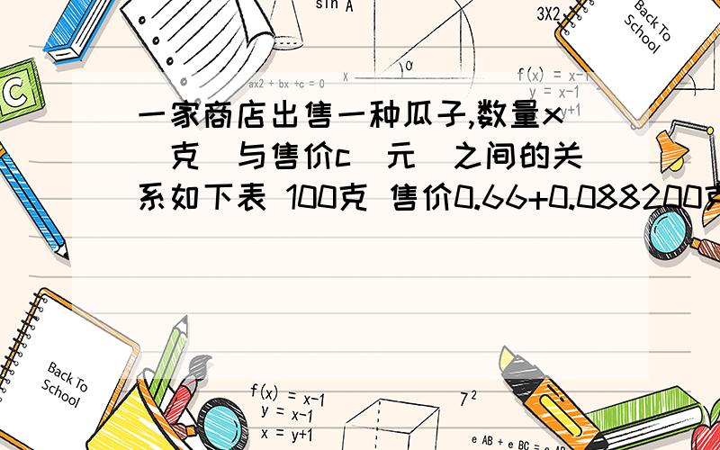 一家商店出售一种瓜子,数量x(克)与售价c(元)之间的关系如下表 100克 售价0.66+0.088200克 售价1.32+0.08300克 售价1.98+0.08400克 售价2.64+0.08（1）写出用数量x（㎏）表示售价y（元）的公式；（2）计