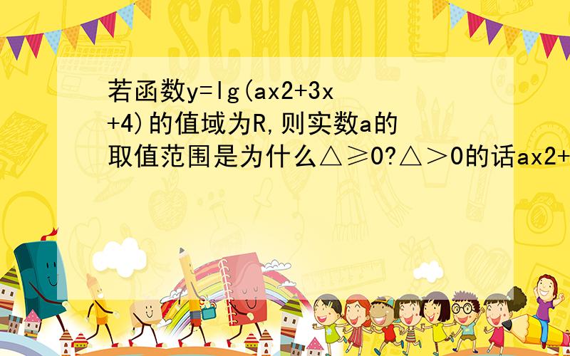 若函数y=lg(ax2+3x+4)的值域为R,则实数a的取值范围是为什么△≥0?△＞0的话ax2+3x+4不是会小于0么?