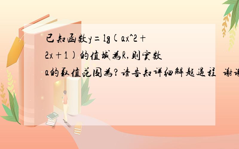 已知函数y=lg(ax^2+2x+1)的值域为R,则实数a的取值范围为?请告知详细解题过程  谢谢