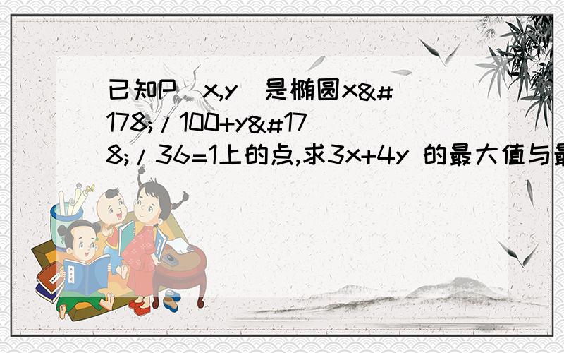 已知P(x,y)是椭圆x²/100+y²/36=1上的点,求3x+4y 的最大值与最小值