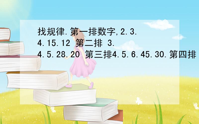 找规律.第一排数字,2.3.4.15.12 第二排 3.4.5.28.20 第三排4.5.6.45.30.第四排 5.6.7.66.42.第...找规律.第一排数字,2.3.4.15.12 第二排 3.4.5.28.20 第三排4.5.6.45.30.第四排 5.6.7.66.42.第五排6.7.8.____.56 空格处数字