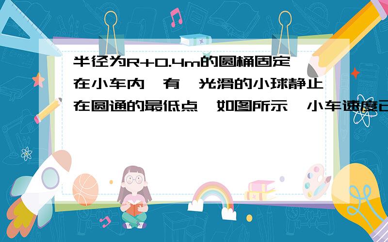 半径为R+0.4m的圆桶固定在小车内,有一光滑的小球静止在圆通的最低点,如图所示,小车速度已v=4m/s向右作匀速运动,g取10m/s^2,当小车突然停止,伺候关于小球在圆桶中上升的最高高度,下列说法正