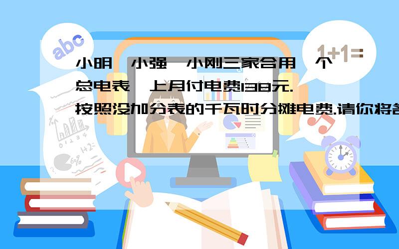 小明、小强、小刚三家合用一个总电表,上月付电费138元.按照没加分表的千瓦时分摊电费.请你将各家应付的电费清单填写完整.小明：65小强：86小刚：79又快又好的有加分