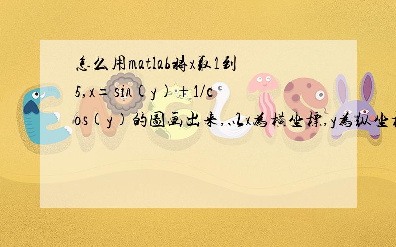 怎么用matlab将x取1到5,x=sin(y)+1/cos(y)的图画出来,以x为横坐标,y为纵坐标