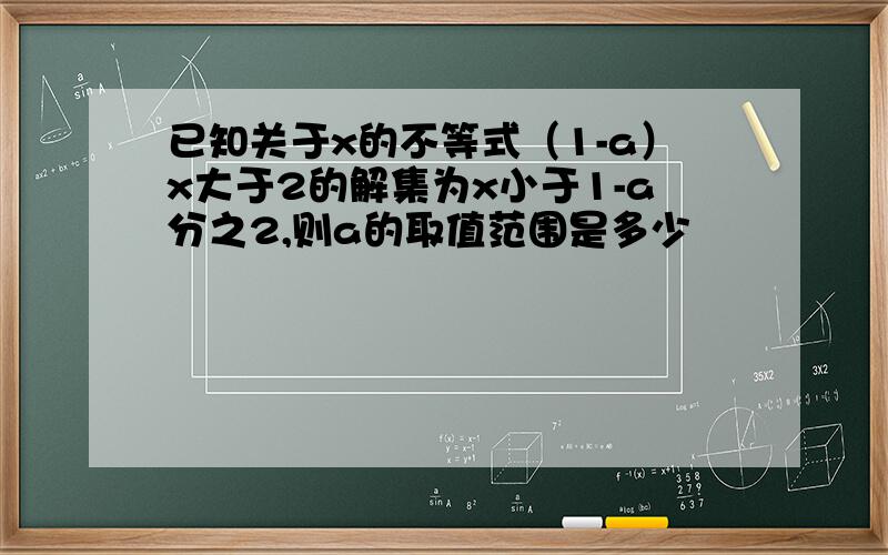 已知关于x的不等式（1-a）x大于2的解集为x小于1-a分之2,则a的取值范围是多少