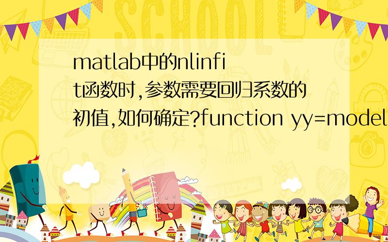 matlab中的nlinfit函数时,参数需要回归系数的初值,如何确定?function yy=model(beta0,X)a=beta0(1);b=beta0(2);c=beta0(3);d=beta0(4);e=beta0(5);x1=X(:,1);x2=X(:,2);x3=X(:,3);x4=X(:,4);x5=X(:,5);yy=a*x1+b*x2+c*x3+d*x4+e*x5;主程序如下