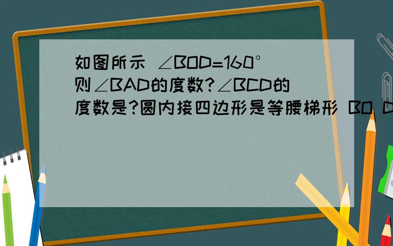 如图所示 ∠BOD=160°则∠BAD的度数?∠BCD的度数是?圆内接四边形是等腰梯形 BO DO在梯形内 是半径