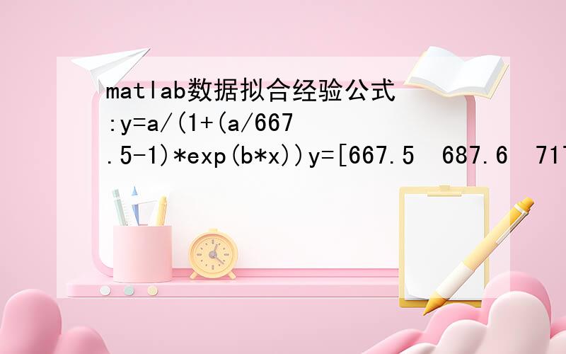 matlab数据拟合经验公式:y=a/(1+(a/667.5-1)*exp(b*x))y=[667.5687.6717.4728.3761.6771.38789109991006.41003.21007.61013.31014.31019.510291050.61069.31069.610851104.911291189.61203.21209.31219.71234.11253.51334.61376.6