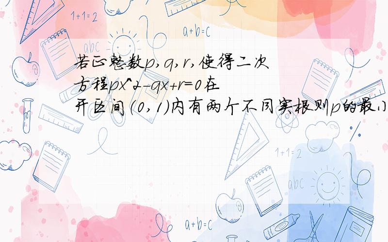 若正整数p,q,r,使得二次方程px^2-qx+r=0在开区间（0,1）内有两个不同实根则p的最小值为多少?