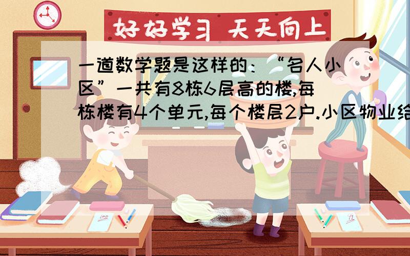 一道数学题是这样的：“名人小区”一共有8栋6层高的楼,每栋楼有4个单元,每个楼层2户.小区物业给每栋楼都制作了信箱,请你为1号楼的信箱编上合理的号码.