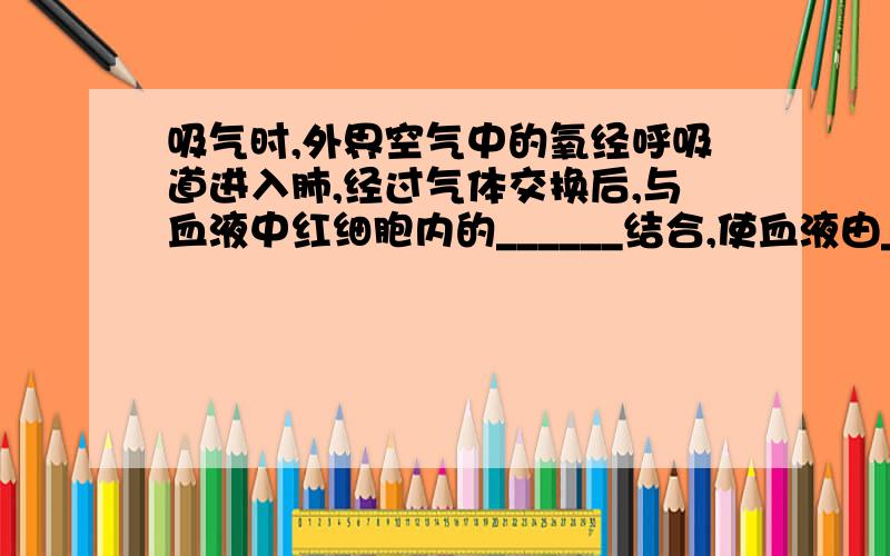 吸气时,外界空气中的氧经呼吸道进入肺,经过气体交换后,与血液中红细胞内的______结合,使血液由______血变成____血.