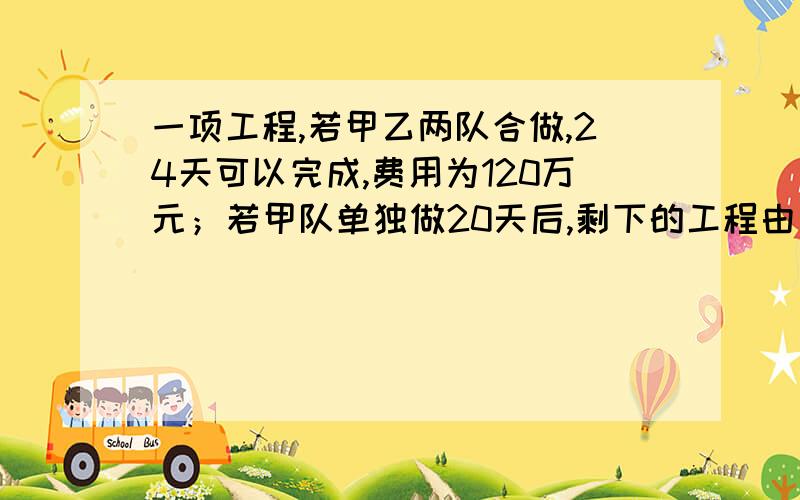 一项工程,若甲乙两队合做,24天可以完成,费用为120万元；若甲队单独做20天后,剩下的工程由乙队做,（接上）还需40天完成,这样共需费用110万元.问：（1）甲乙两队单独完成此项工程各需多少