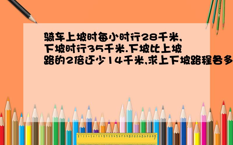 骑车上坡时每小时行28千米,下坡时行35千米.下坡比上坡路的2倍还少14千米,求上下坡路程各多少千米?走上坡时比走下坡多用12分钟.