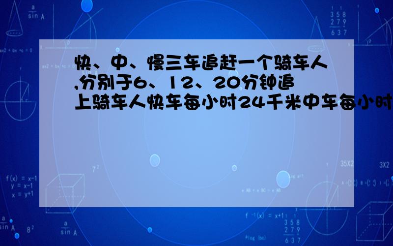 快、中、慢三车追赶一个骑车人,分别于6、12、20分钟追上骑车人快车每小时24千米中车每小时20千米求慢车的车速