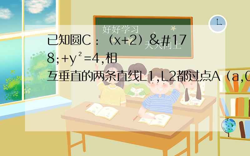 已知圆C：（x+2）²+y²=4,相互垂直的两条直线L1,L2都过点A（a,0）.