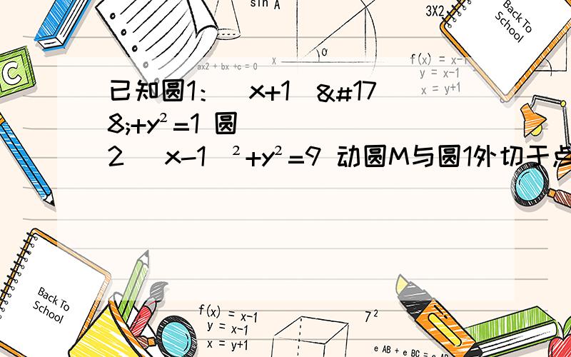 已知圆1：（x+1）²+y²=1 圆2 （x-1）²+y²=9 动圆M与圆1外切于点Q且与圆已知圆1：（x+1）²+y²=1  圆2  （x-1）²+y²=9  动圆M与圆1外切于点Q且与圆2内切于点P求动圆圆心M的