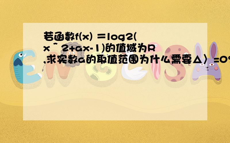 若函数f(x) ＝log2(x＾2+ax-1)的值域为R,求实数a的取值范围为什么需要△〉=0?