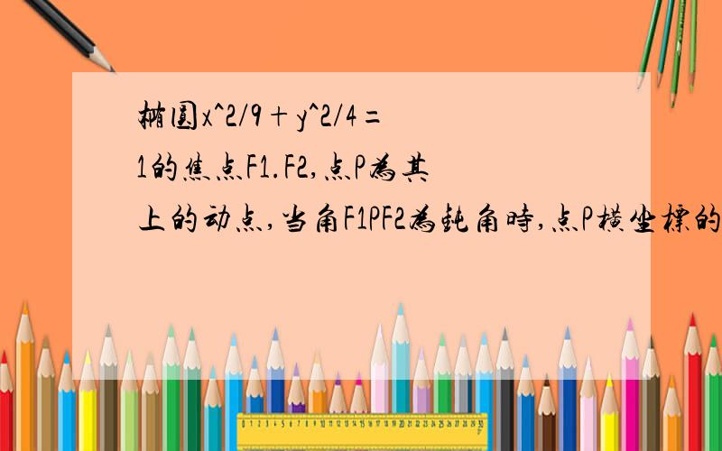 椭圆x^2/9+y^2/4=1的焦点F1.F2,点P为其上的动点,当角F1PF2为钝角时,点P横坐标的取值范围为________?