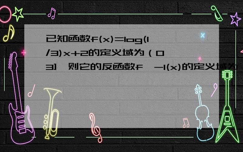 已知函数f(x)=log(1/3)x+2的定义域为（0,3],则它的反函数f^-1(x)的定义域为