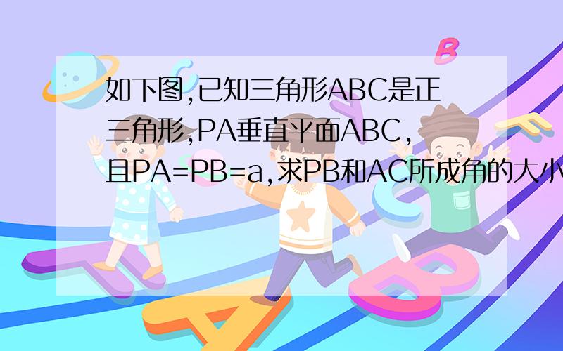 如下图,已知三角形ABC是正三角形,PA垂直平面ABC,且PA=PB=a,求PB和AC所成角的大小/>