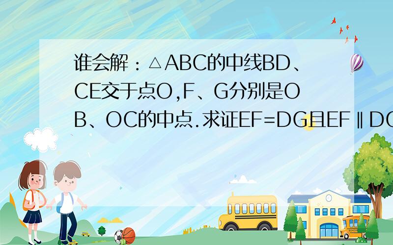 谁会解：△ABC的中线BD、CE交于点O,F、G分别是OB、OC的中点.求证EF=DG且EF‖DG