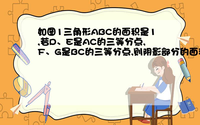 如图1三角形ABC的面积是1,若D、E是AC的三等分点,F、G是BC的三等分点,则阴影部分的面积是?AG与BE相交于O点,阴影部分指的是OECG