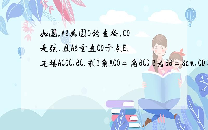 如图,AB为圆O的直径,CD是弦,且AB垂直CD于点E,连接ACOC,BC.求1角ACO=角BCD 2若EB=8cm,CD=2cm,圆O直径