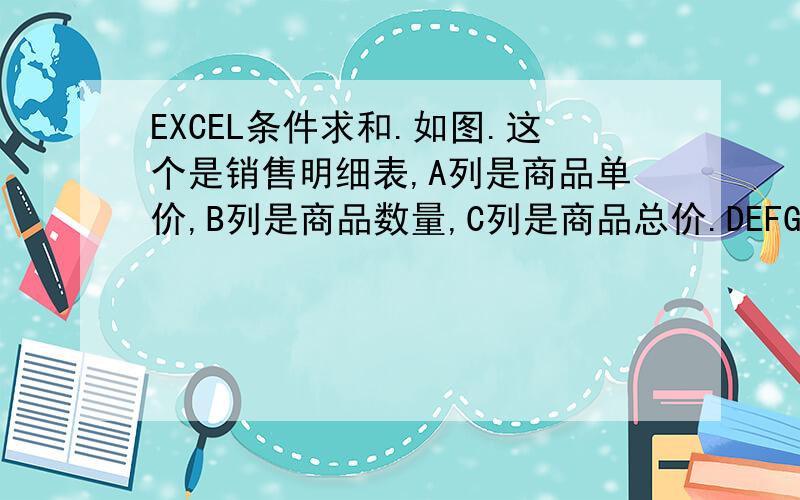 EXCEL条件求和.如图.这个是销售明细表,A列是商品单价,B列是商品数量,C列是商品总价.DEFG是商品总价在具体商品下的归属.想对每种商品的出售数量分别求和.就是当D列中数据不为空时,累计该D