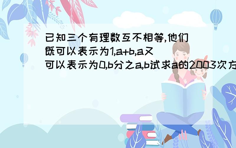 已知三个有理数互不相等,他们既可以表示为1,a+b,a又可以表示为0,b分之a,b试求a的2003次方+b的2004次方