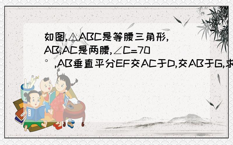 如图,△ABC是等腰三角形,AB,AC是两腰,∠C=70°,AB垂直平分EF交AC于D,交AB于G,求∠BDC的度数